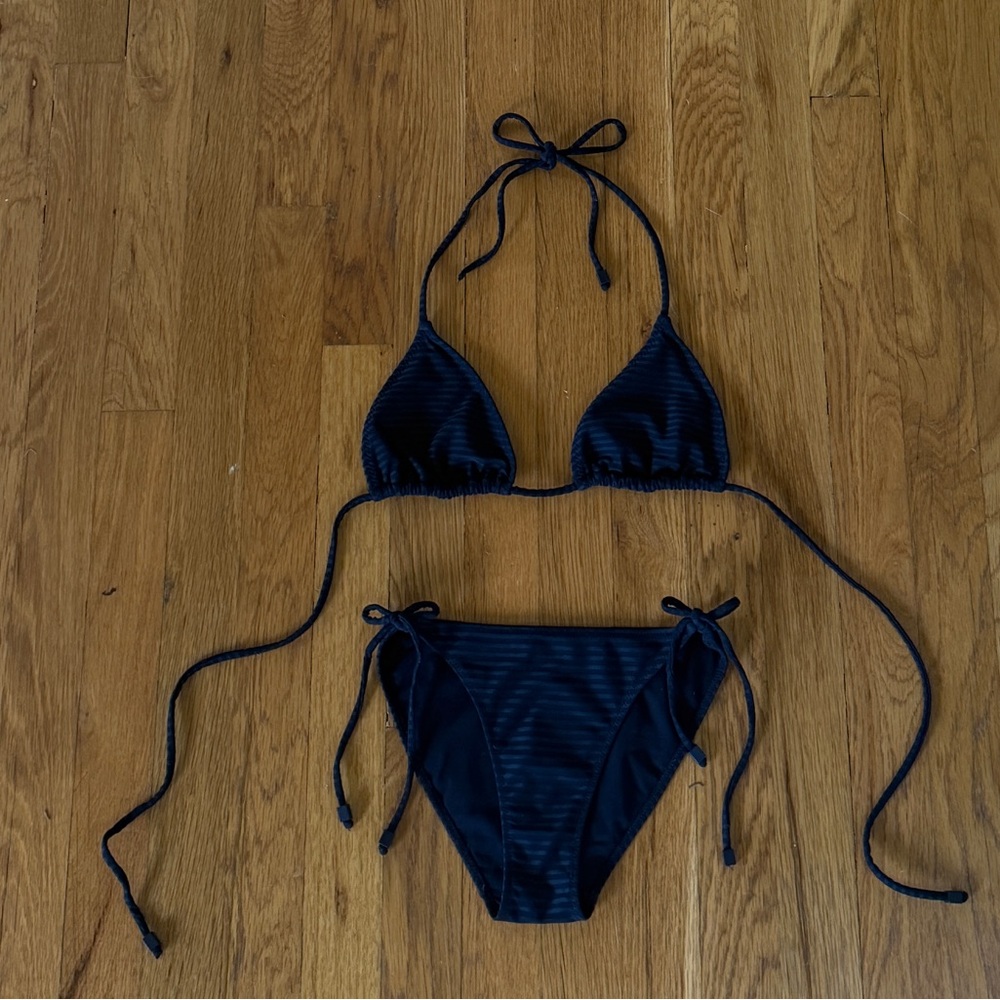 Zara Ribbed Black String Bikini Set Size Medium - Picture 2 of 7